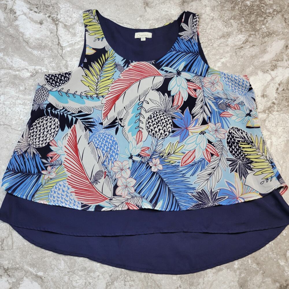 Hawaiian Women XL Tank Top Blue Colorful Floral Tropical Resort Cruise Vacation